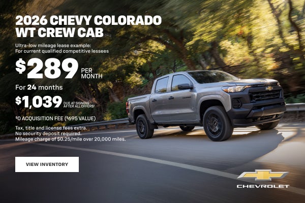 2026 Chevy Colorado WT Crew Cab. Ultra-low mileage lease example: For current qualified competiti...